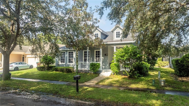 cape cod home with a garage, a front lawn, and a porch