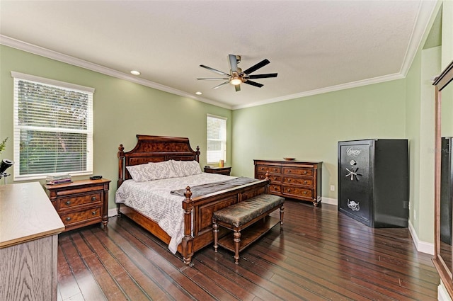 bedroom with ceiling fan, dark wood-type flooring, and ornamental molding