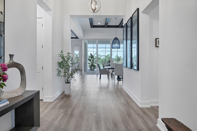 hall featuring a tray ceiling, an inviting chandelier, and light wood-type flooring