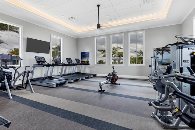 exercise room with ornamental molding and a raised ceiling