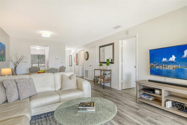 living room with hardwood / wood-style floors and a textured ceiling