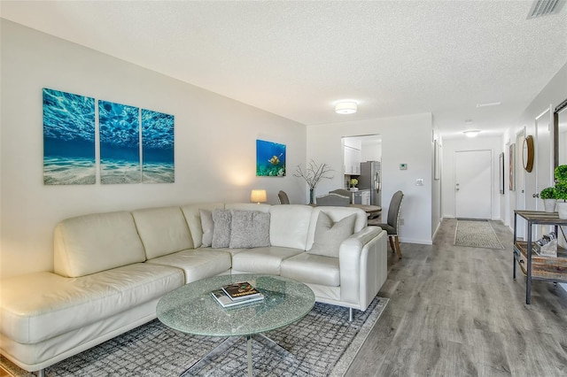 living room with light hardwood / wood-style floors and a textured ceiling