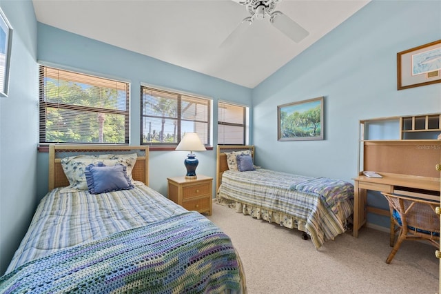 carpeted bedroom with vaulted ceiling, multiple windows, and ceiling fan