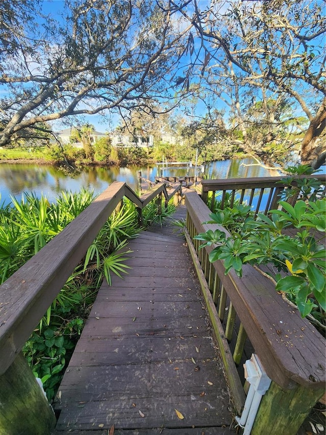 view of dock with a water view