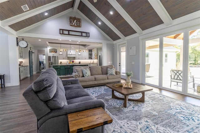 living room with beam ceiling, wood-type flooring, wooden ceiling, and high vaulted ceiling