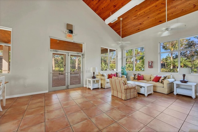 unfurnished sunroom featuring ceiling fan, plenty of natural light, and wood ceiling