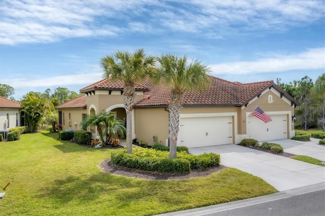 view of front of property with a garage, concrete driveway, stucco siding, a tile roof, and a front yard