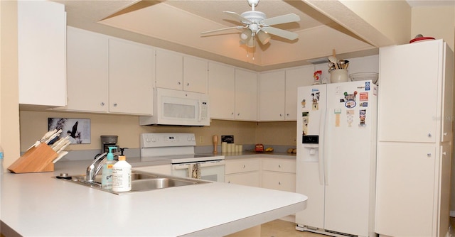 kitchen with ceiling fan, white appliances, sink, kitchen peninsula, and white cabinetry