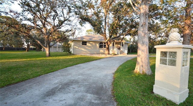 ranch-style home with driveway, a front lawn, and stucco siding