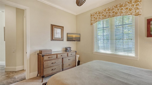 carpeted bedroom with crown molding