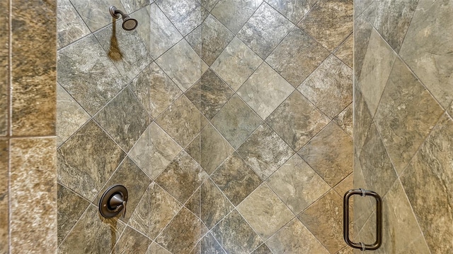 interior details with a shower with shower door