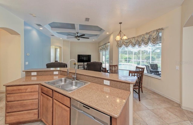 kitchen with sink, ceiling fan with notable chandelier, hanging light fixtures, coffered ceiling, and stainless steel dishwasher