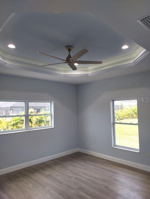 spare room with a healthy amount of sunlight, ceiling fan, and wood-type flooring