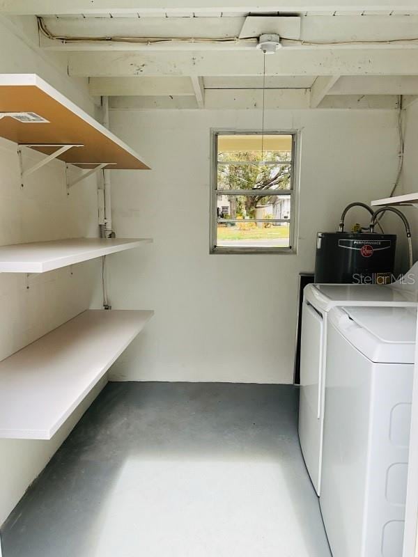 laundry area featuring laundry area, water heater, and washing machine and clothes dryer