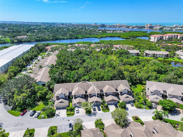 bird's eye view with a water view