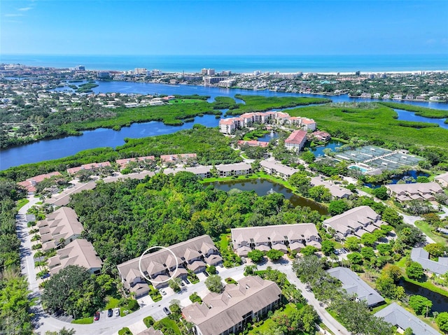 drone / aerial view featuring a water view