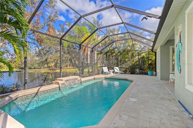 view of swimming pool with pool water feature, a lanai, a patio area, and a water view