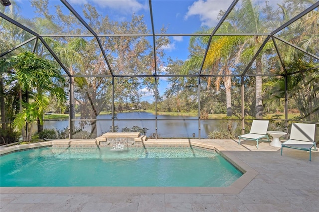 view of swimming pool with pool water feature, a water view, a patio, and a lanai