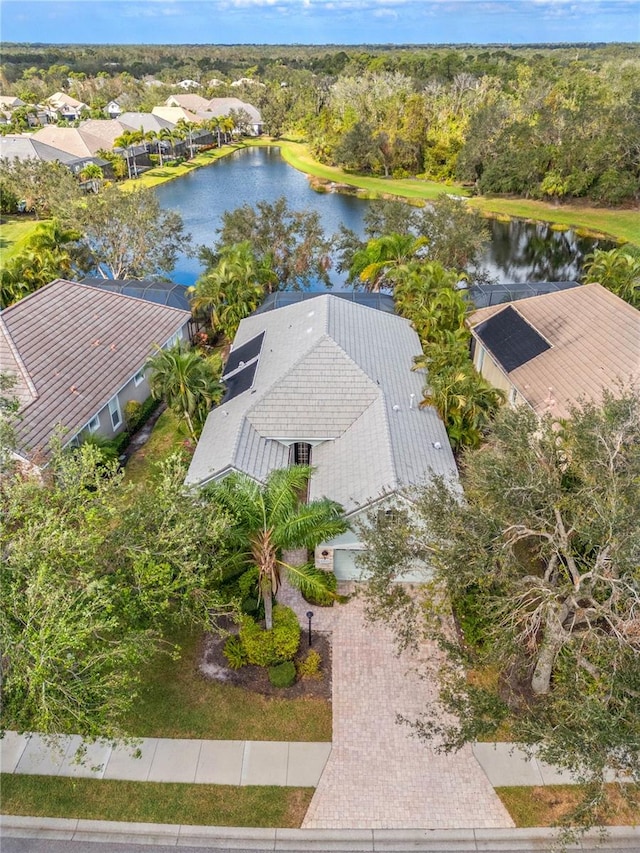 bird's eye view with a water view