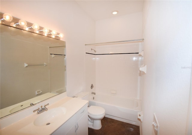 full bathroom with vanity, toilet, tile patterned floors, and  shower combination