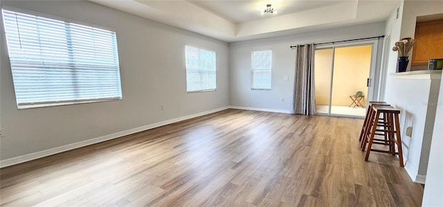 unfurnished room with hardwood / wood-style floors and a raised ceiling