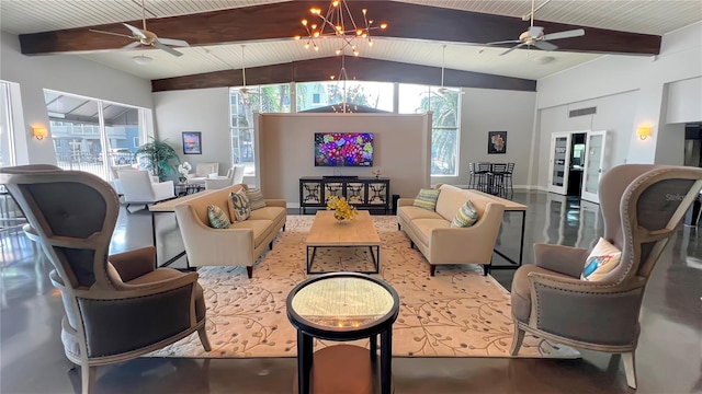 living room with lofted ceiling with beams, wood ceiling, and ceiling fan with notable chandelier