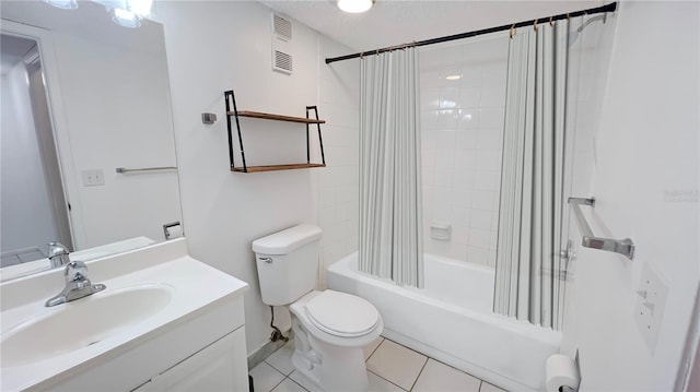 full bathroom with toilet, shower / bathtub combination with curtain, vanity, and tile patterned floors