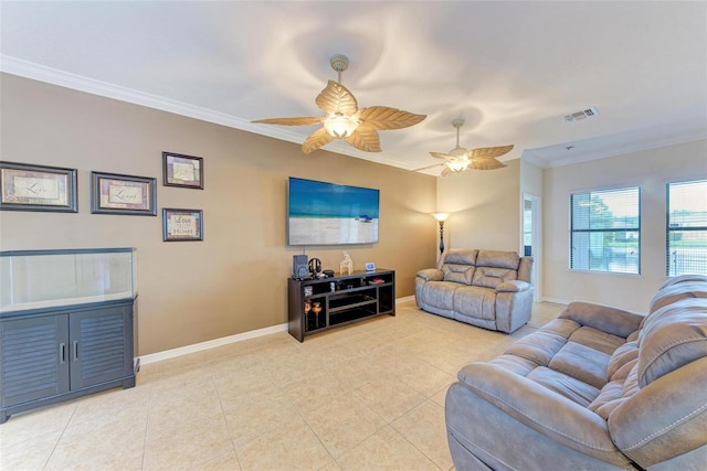 tiled living room featuring ceiling fan and ornamental molding