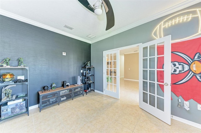 misc room with french doors, ornamental molding, and ceiling fan