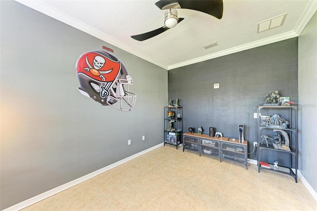 misc room with crown molding, a textured ceiling, and ceiling fan