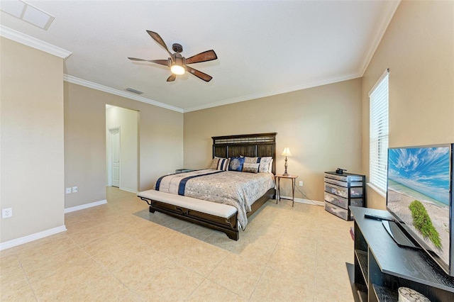 bedroom with ornamental molding and ceiling fan