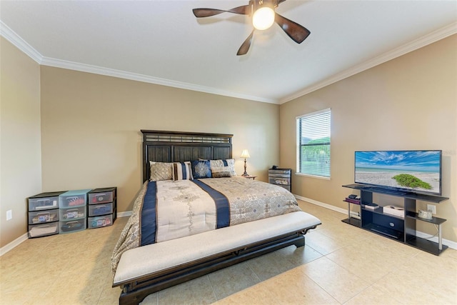 bedroom featuring ornamental molding and ceiling fan