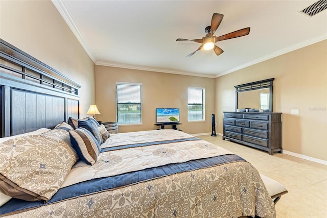 tiled bedroom with crown molding and ceiling fan