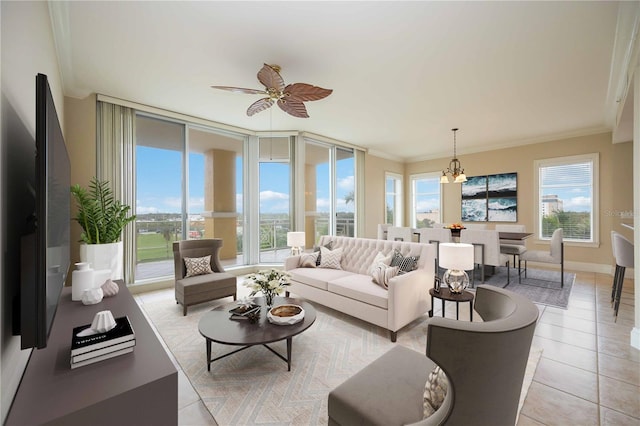 sunroom with ceiling fan with notable chandelier