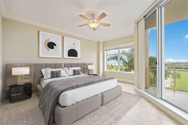 tiled bedroom featuring crown molding and ceiling fan