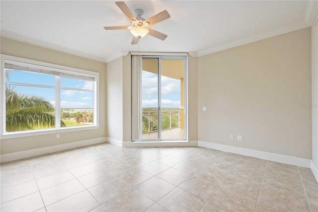 tiled empty room with crown molding and ceiling fan