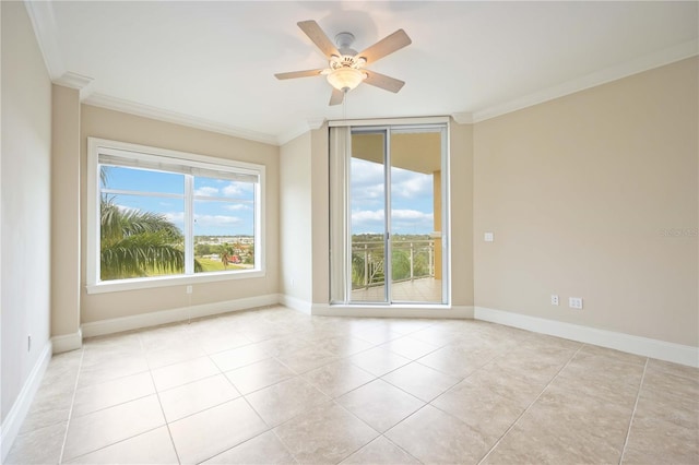 unfurnished room featuring ornamental molding, light tile patterned floors, and ceiling fan