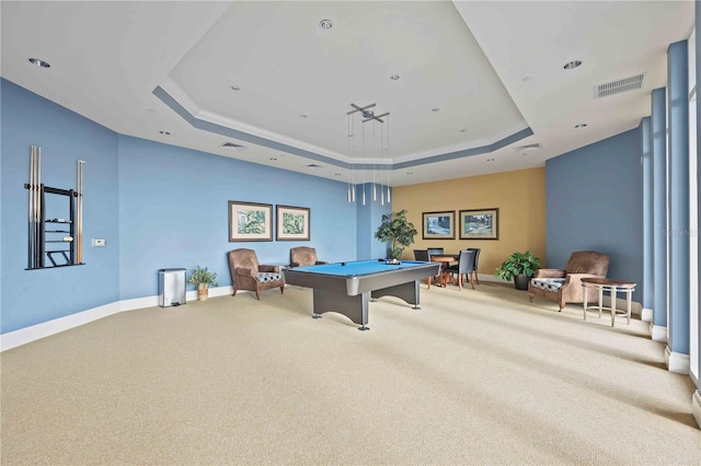 playroom featuring billiards, carpet flooring, and a raised ceiling