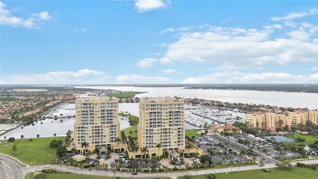 drone / aerial view with a water view