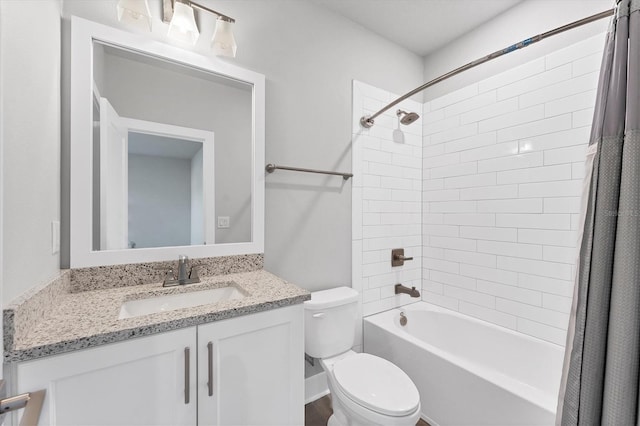 full bathroom with shower / bathtub combination with curtain, vanity, and toilet