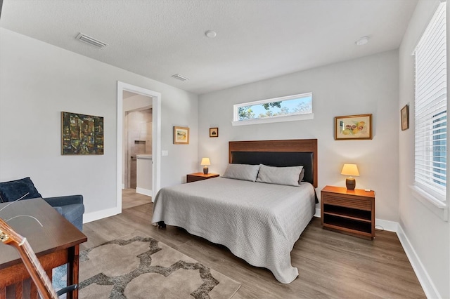 bedroom with multiple windows, ensuite bath, and wood-type flooring