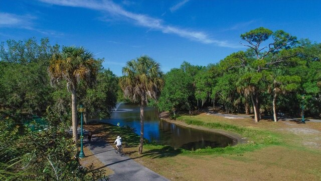 view of community with a water view and a view of trees