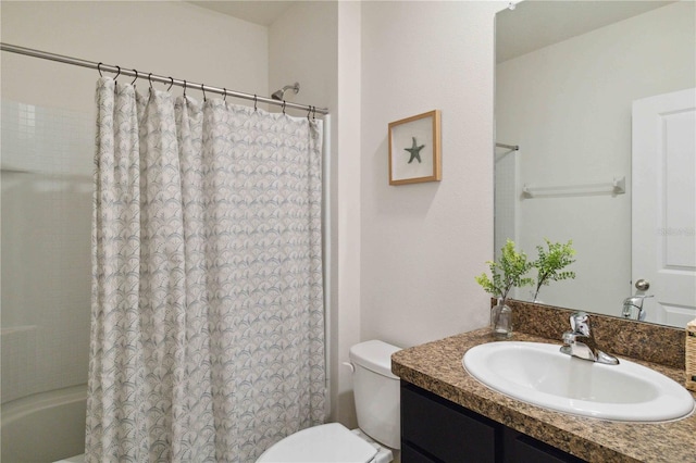 full bathroom with toilet, vanity, and shower / bathtub combination with curtain