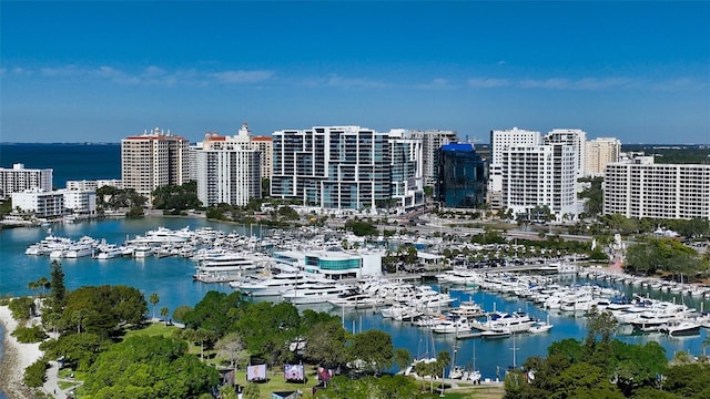 drone / aerial view with a water view