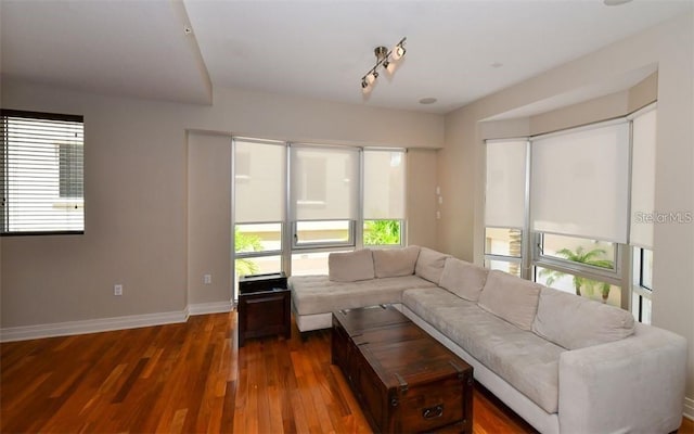 living room featuring dark wood-type flooring and plenty of natural light