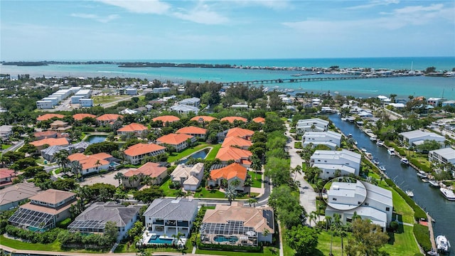 bird's eye view with a water view