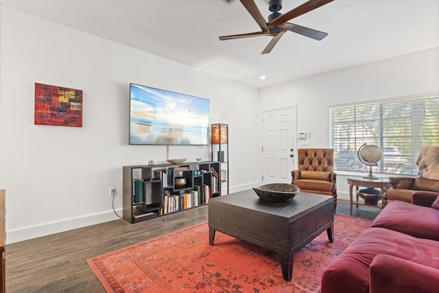 living room featuring hardwood / wood-style flooring and ceiling fan