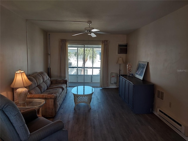 living room with ceiling fan, dark hardwood / wood-style flooring, and baseboard heating