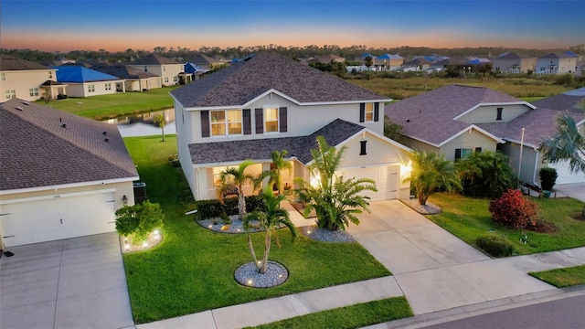 view of front facade featuring a water view and a lawn