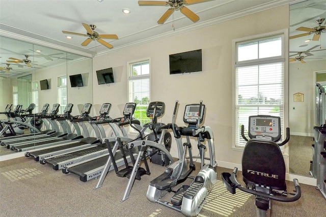 workout area featuring ornamental molding